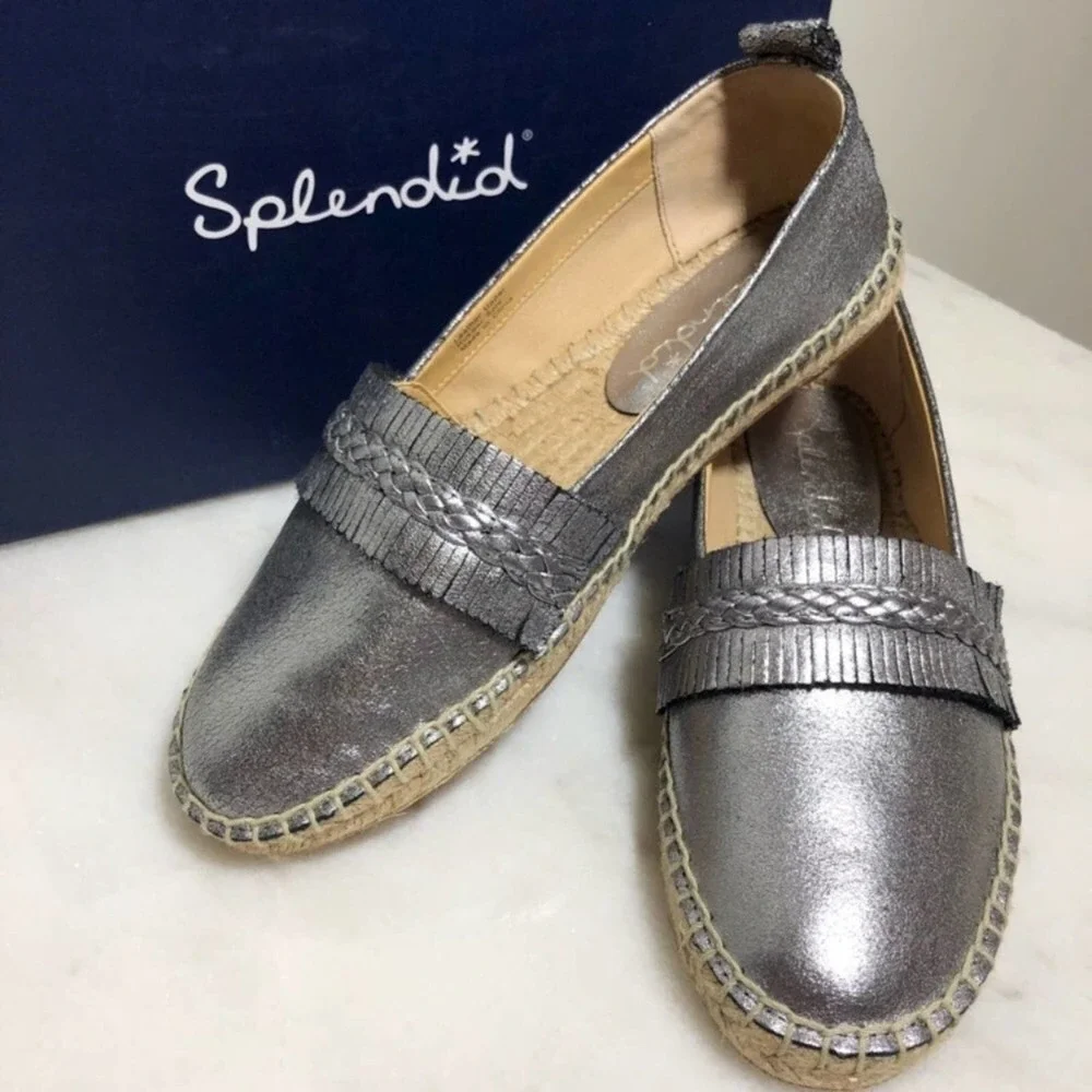 Splendid Jaime Metallic Silver Slip-On Espadrille Shoes 7 Fringe Women’s